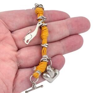 Orange Cord Cat Charm Bracelet | Vintage Sterling Silver 925 | 7.5"